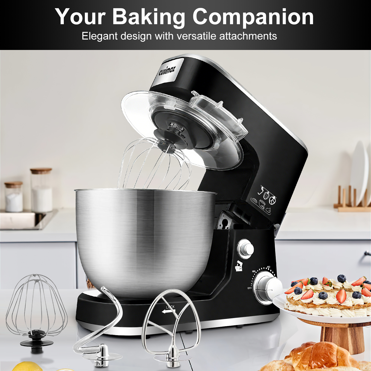 Cusimax Tilt head Stand Mixer,5QT Electric Food Mixer with Stainless Steel Bowl,Dough Hook, Mixing Beater and Whisk, Splash Guard,Great For Daily Use