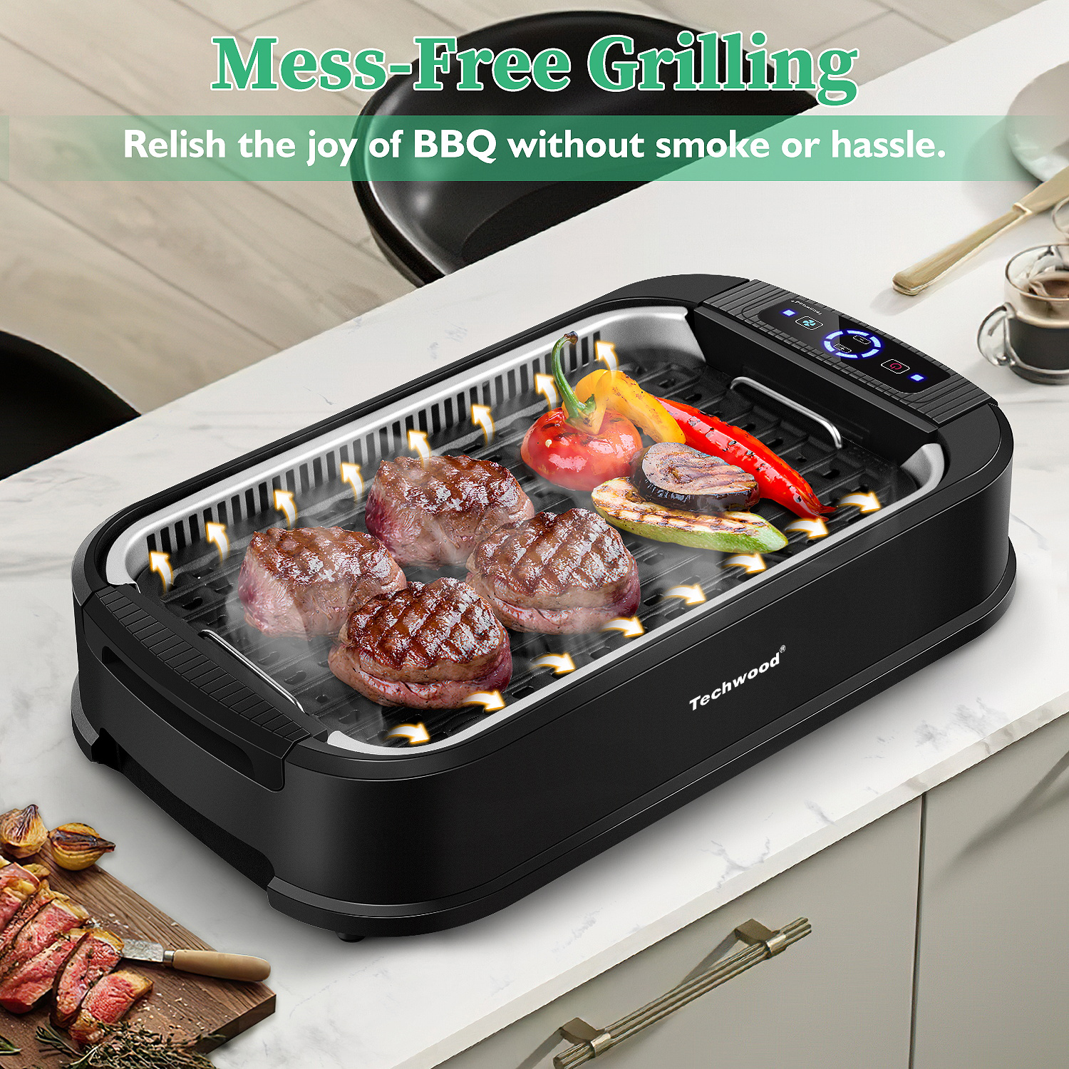 Techwood 1500W Indoor Grill, Smokeless Electric Grill, Portable Korean BBQ Grill with 6-level Control, Tempered Glass Lid, Dishwasher Safe, Double Plates