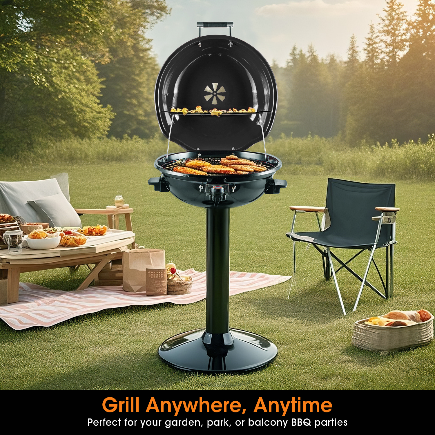 Techwood Electric BBQ Grill 1600W (Stand Black BBQ Grills),15-Serving Indoor/Outdoor Electric Grill for Indoor & Outdoor Use, Portable Removable Stand Grill, Double Layer Design