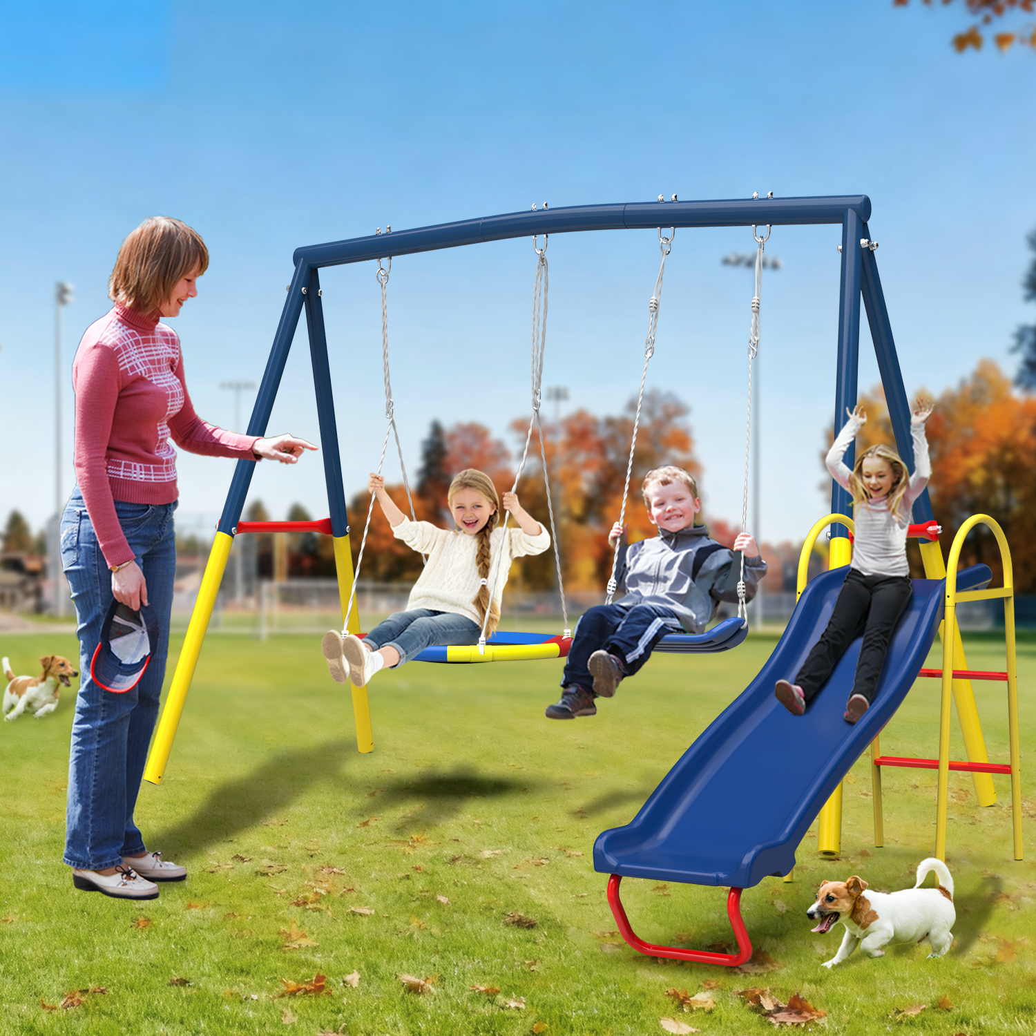 MERSCO 3-in-1 Backyard Play Center with Swing & Slide | 32" Flying Saucer, Baby Seat & 53.5" Slide | Grows with Your Child | 330 lbs Limit | Blue/Yellow