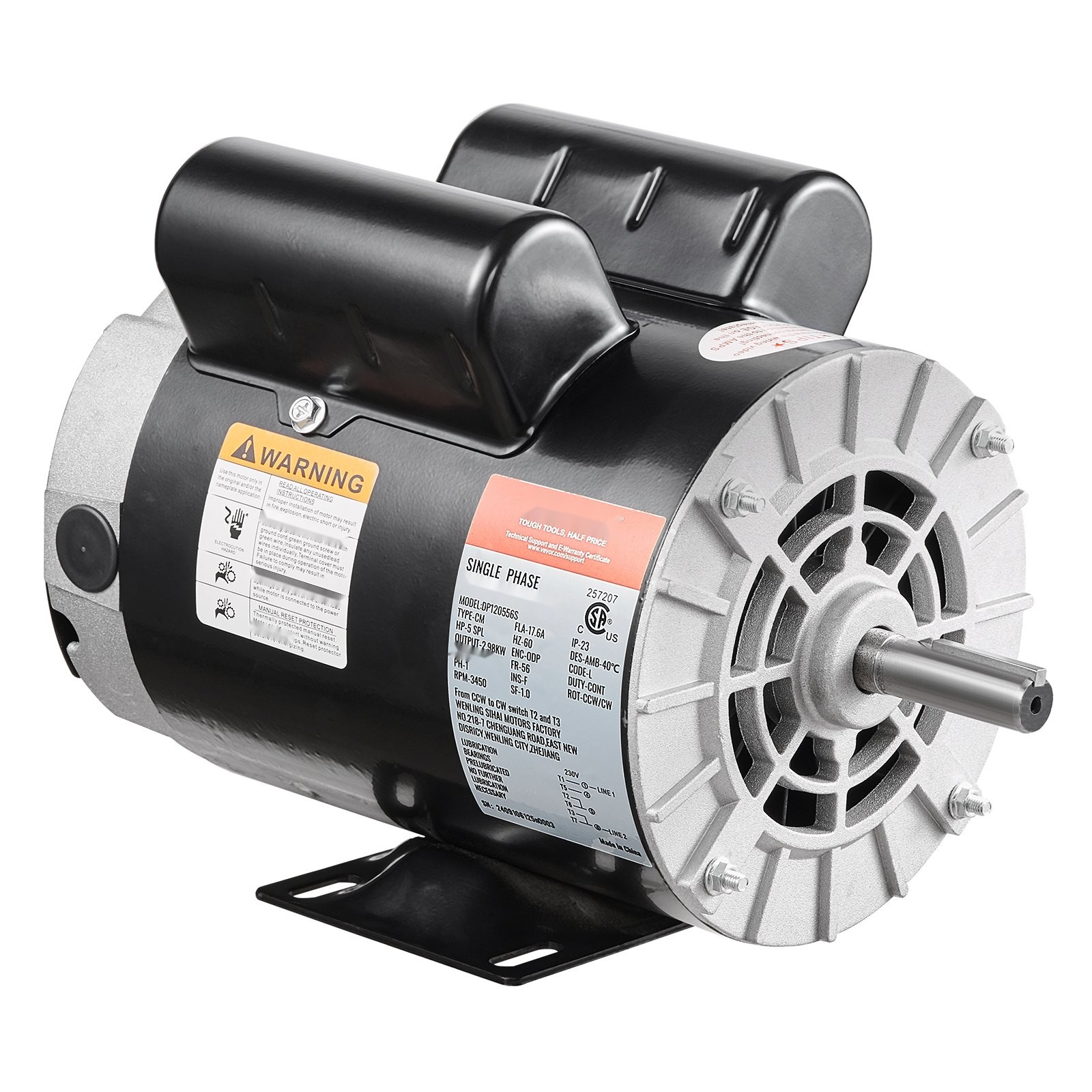 5HP SPL Air Compressor Motor 230V 17.6A 3450RPM 56 Frame CW/CCW Rotation (Factory Setting is CCW)