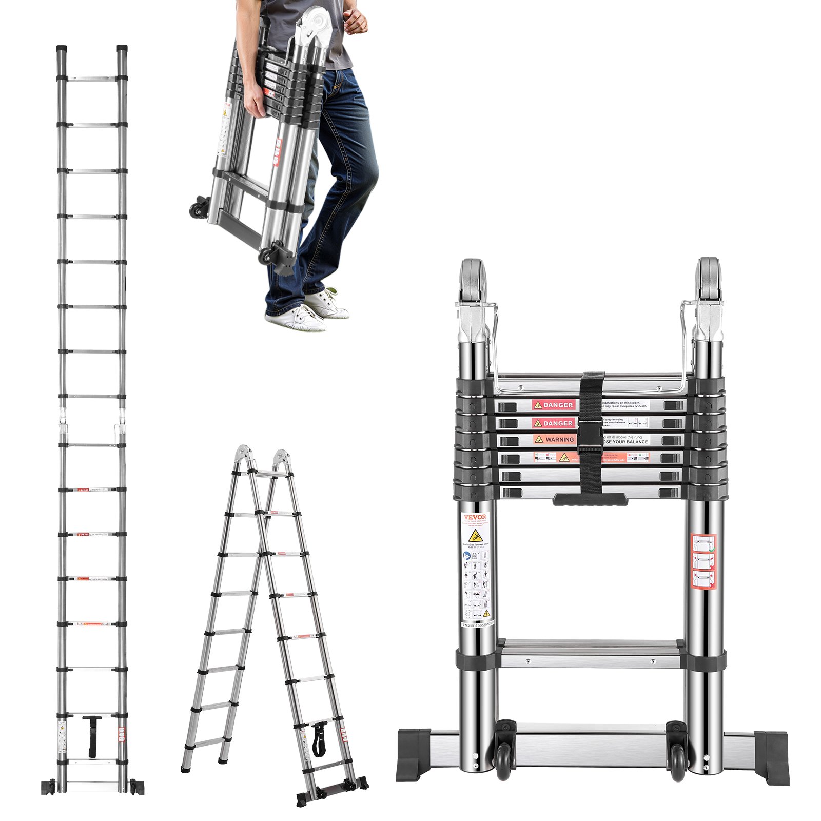 Telescoping Ladder A-Frame Stainless Steel Extension Step 16.5ft Portable Ladder